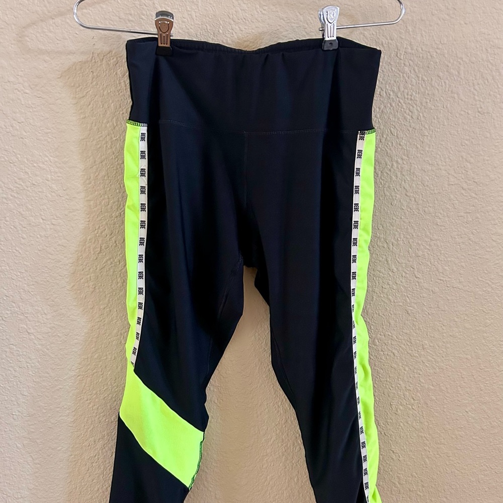 Bebe Sport Black & Neon Yellow Logo Taped Leggings - Size M